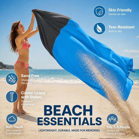 Woman holding Sandproof Waterproof Beach Blanket, Extra Large 79x55 Inch Outdoor Mat For 1-4 Adults, on sunny beach.