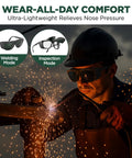 Dual-lens welding safety glasses with adjustable frame; front-left view showing clear and IR shade modes