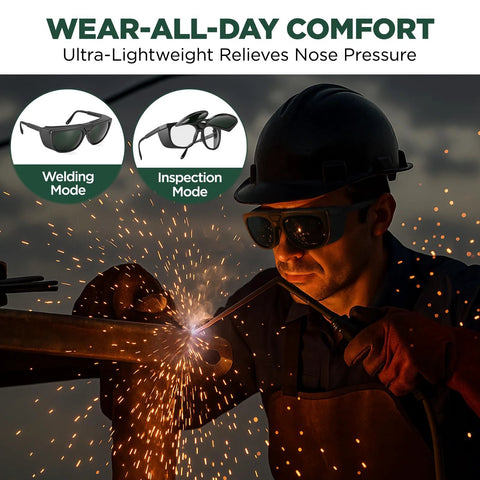Dual-lens welding safety glasses with adjustable frame; front-left view showing clear and IR shade modes
