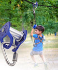 Heavy Duty Zip Line Trolley Cable With Quick Setup Slider And Smooth Bearing Wheel for outdoor playgrounds, boy using zip line.