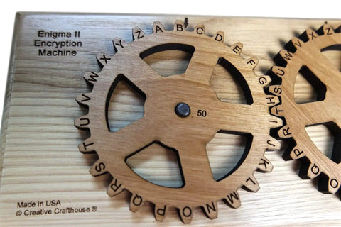 Enigma II Encryption Machine Escape Room Prop With Real Gears And Hardwood Build Compact Size 9.4 By 3.2 By 1 Inches For Encoding And Decoding Secret Messages Includes Eight Hidden Clues showing detailed gears and wooden surface.