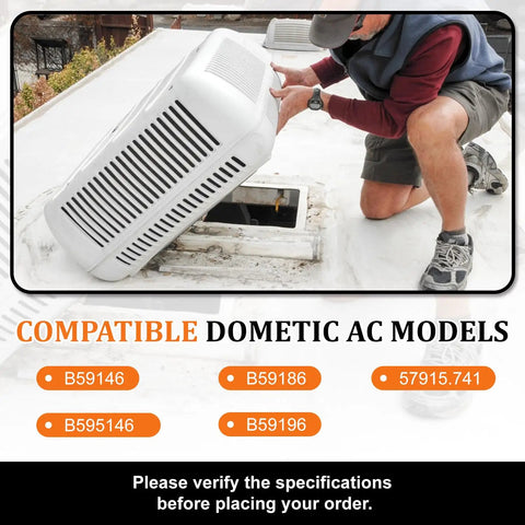 Person installing Heavy Duty RV Air Conditioner Capacitor 60 5 MFD Replacement, showing model compatibility on rooftop.