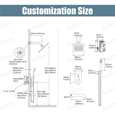Dimensions diagram for Rainfall Shower System With 8 Inch Matte Black Shower Head Tub Filler Handheld Spray Wall Mount Mixer Faucet