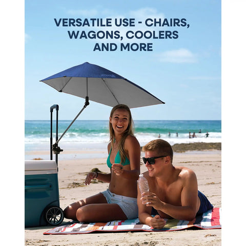 Couple on beach under Versa Brella Midnight Blue Outdoor Shade Umbrella with heavy-duty clamp attached to cooler
