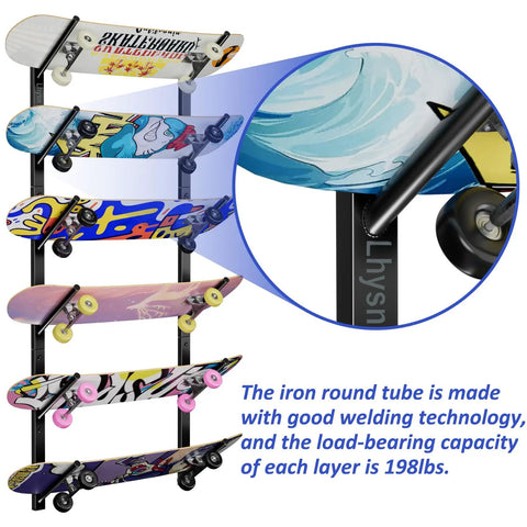 Heavy Duty Skateboard Wall Mount Rack For Your Rad Longboard And Snowboard Stash Solid Carbon Steel Hanger with multiple boards displayed