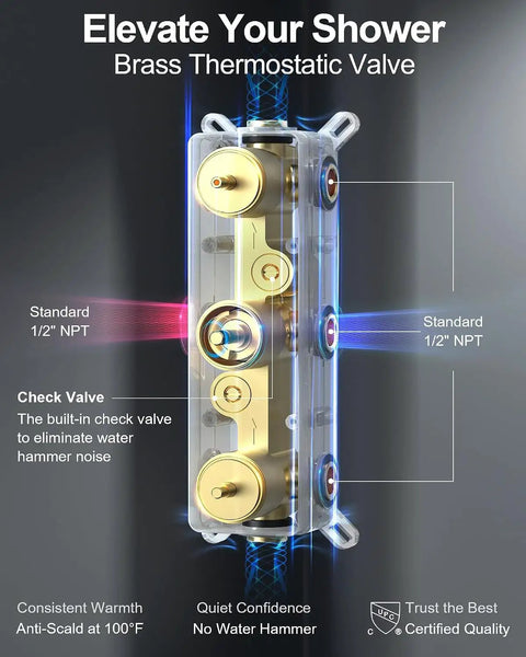 Brass thermostatic valve for GRANDJOY 12" Ceiling Shower System with Handheld Spray, Brushed Gold, designed to reduce water hammer.