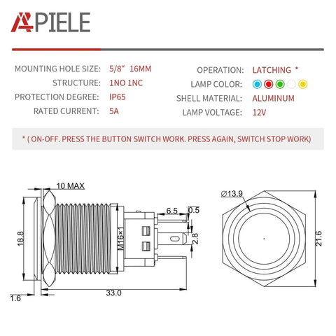 Diagram of 16mm Latching Push Button Switch 12V DC On Off Black Shell With Dope LED Angel Eye Head For 0.63 Inch Mount Hole.