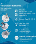 Ultra Compact 2 In 1 USA To Africa Travel Adapter Set Includes Type M South Africa, Type E And F, And Type G For Ghana Nigeria Uganda 3 Pack Does Not Convert Voltage Safe Portable, product details with plug types and warranty