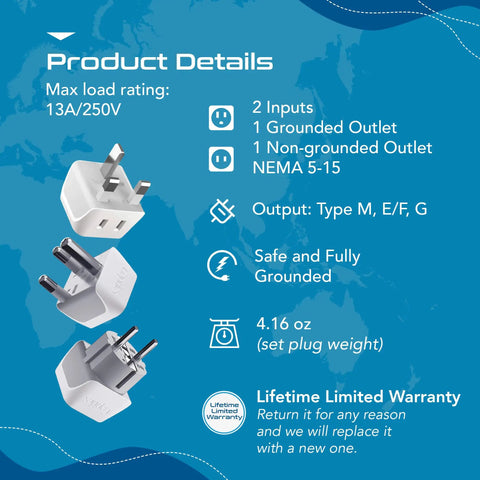 Ultra Compact 2 In 1 USA To Africa Travel Adapter Set Includes Type M South Africa, Type E And F, And Type G For Ghana Nigeria Uganda 3 Pack Does Not Convert Voltage Safe Portable, product details with plug types and warranty