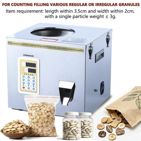 Digital Counting Filling Machine For Buttons And Small Toys, compact stainless steel unit for precise granule packaging.
