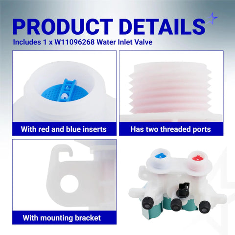 Washer Water Inlet Valve 120V 60Hz For Whirlpool Kenmore Models showing ports, red and blue inserts, mounting bracket.