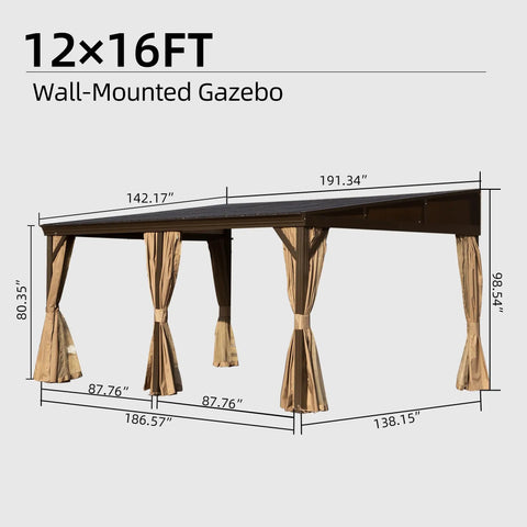 12x16 Ft Lean To Gazebo with Hardtop Roof for Patio and Backyard, Wall Mounted Outdoor Shelter with Sloping Galvanized Steel Roof.