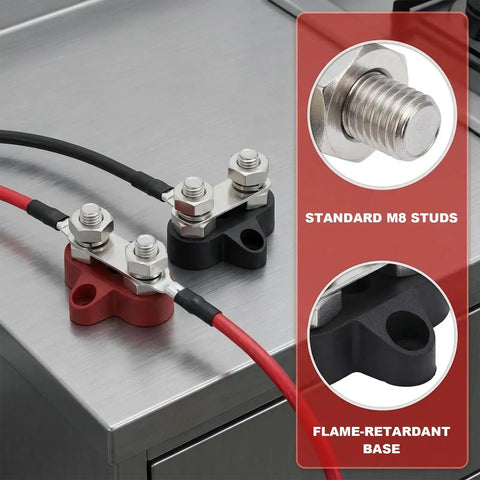 Two Pack Battery Terminal Distribution Block With M8 Dual Studs For Car Auto Boat Truck And RV Heavy Duty 12V Power Busbar Block Negative Positive Keeps Wiring Neat, red and black bases with M8 studs