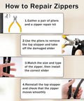 Instructions to use All In One Zipper Repair Kit With 85 Pieces Do It All Quick Fix Set Including 3 Size Sliders And Pulls For Metal