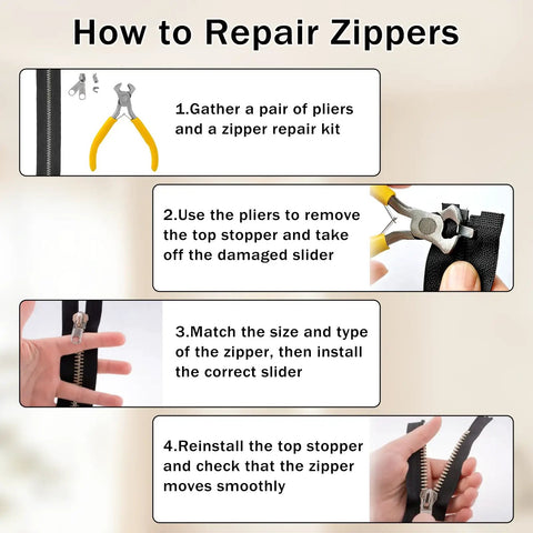 Instructions to use All In One Zipper Repair Kit With 85 Pieces Do It All Quick Fix Set Including 3 Size Sliders And Pulls For Metal