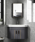 No Sweat Modern Wall Mount Bathroom Sink With Floating Vanity Cabinet And Bright Silver Faucet, Super Solid Space Saving Corner Basin, Snag This Fresh Minimalist Apartment Upgrade Today, featuring gray cabinet and mirror.