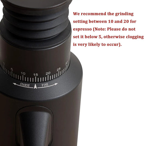 Dope Single Dose Electric Coffee Grinder Featuring 64Mm Titanium Flat Burrs And Stepless Adjustment To Nail Your Flavor Packed Espresso Routine In Sleek Black Finish showing grinding dial.