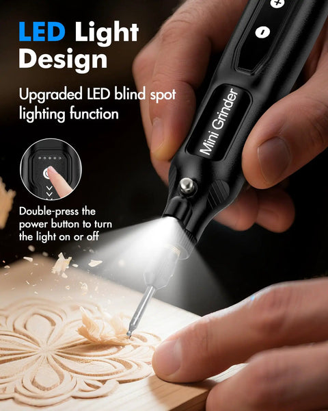 Badass Cordless Mini Rotary Tool With Five Speed Settings And Eighteen Thousand RPMs Rechargeable Engraving Pen with LED light detail use.