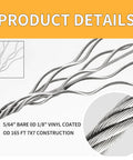 Close-up of Vinyl Coated Stainless Steel Wire Rope Kit 165 Feet One Eighth Inch with product details overlay in orange.