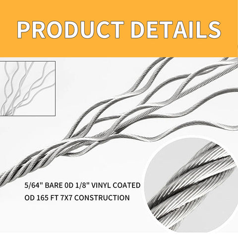 Close-up of Vinyl Coated Stainless Steel Wire Rope Kit 165 Feet One Eighth Inch with product details overlay in orange.