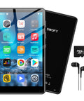 80GB Android MP3 Player with Bluetooth and WiFi 4.0 inch touch screen showing app icons, includes 64GB microSD and earphones.