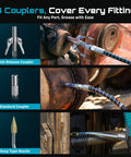 10000 PSI Electric Grease Gun With 3 Speed Control Cordless Battery Pack showing three couplers: quick-release, standard, sharp type