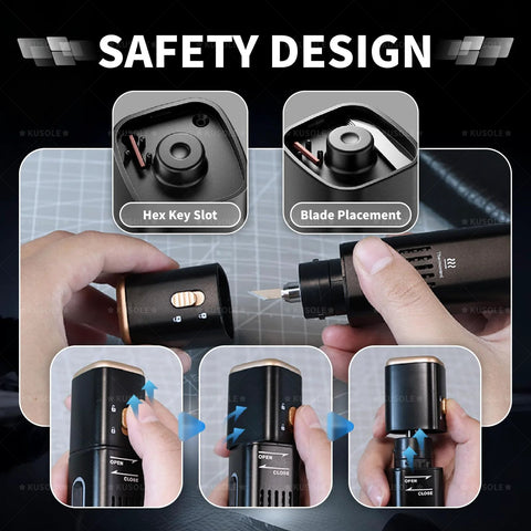 KUSOLE ultrasonic cutting tool collage view, black body with copper trim, 2-in-1 cutting/polishing, OLED/LED indicators.