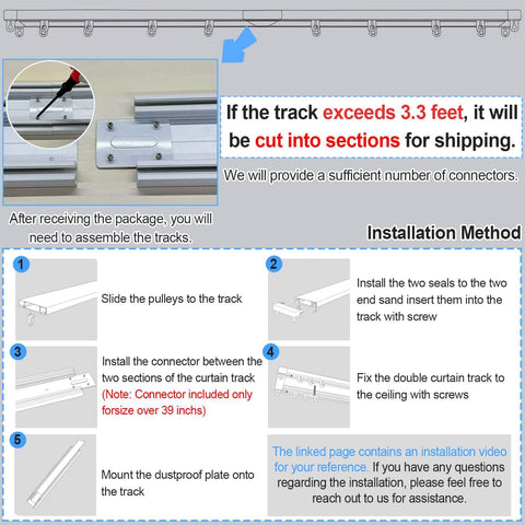 Diagram showing installation of Ceiling Mounted Double Row Curtain Track System With Silent Heavy Duty Pulleys, cut sections.