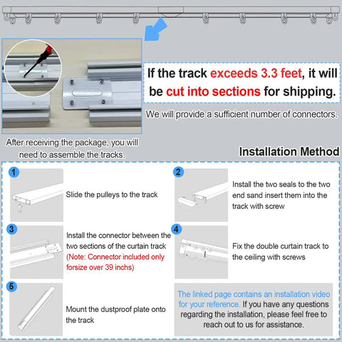 Double Row Ceiling Curtain Track System Silent Heavy Duty Rails Room Divider, aluminum track assembly and installation steps