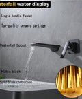 Wall Mount Waterfall Bathroom Faucet Matte Black for Vanity Sink, Lead Free Brass, Single Handle, Zero Splash Basin Tap