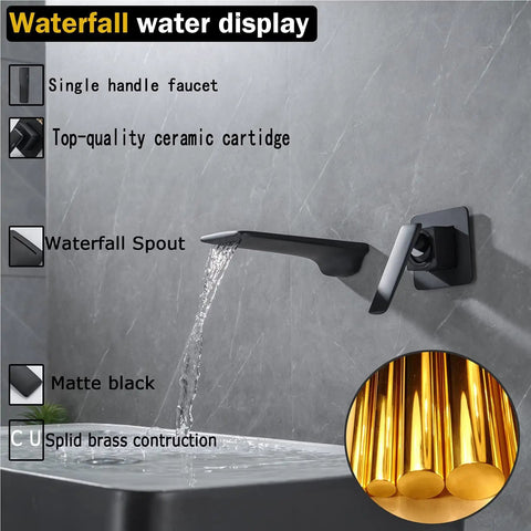 Wall Mount Waterfall Bathroom Faucet Matte Black for Vanity Sink, Lead Free Brass, Single Handle, Zero Splash Basin Tap