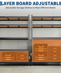 Heavy Duty 5 Tier Metal Shelving Rack Rock Solid Garage Storage Rig With Reinforced Steel Frame Built Tough For Heavy Tools Equipment And Shop Organization with adjustable layers.