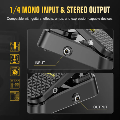 Close-up of 1/4 inch input and output on Dual Function Volume And Expression Gig Ready Pedal For Electric Guitar With Passive Foot Controller