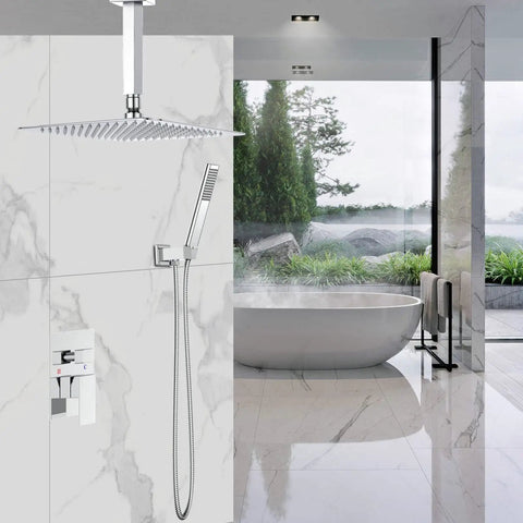 Brushed Nickel Rain Shower System With 10 Inch Rain Head And Handheld in modern bathroom setting