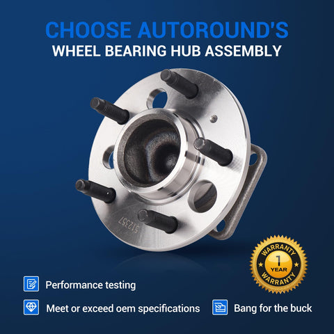 512357 Rear Wheel Hub Bearing Assembly Fits Chevy Impala Monte Carlo Venture Buick Regal LaCrosse Century Pontiac Grand Prix Oldsmobile Intrigue Saturn Relay With 5 Lug And ABS shown with flange and bolt details on blue background.