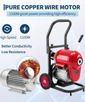 Heavy Duty Electric Drain Cleaning Machine Featuring 1100 Watt Motor And 120 Foot Steel Sewer Snake Auger with copper wire motor.
