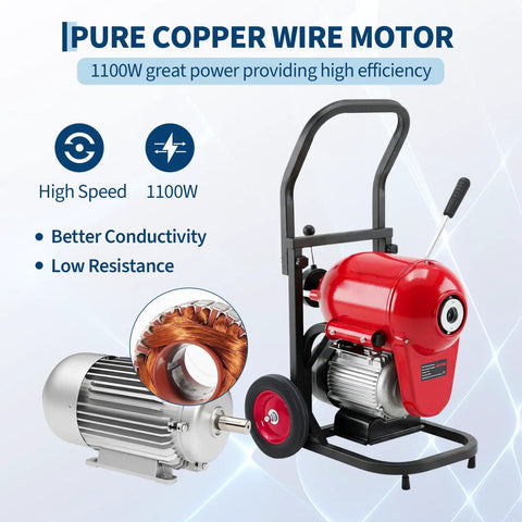 Heavy Duty Electric Drain Cleaner And Manual Feed Sewer Snake Auger with 1100W copper wire motor and steel frame for efficient clog removal.