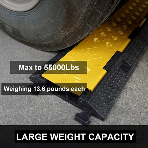 2 Pack 3 Channel Rubber Cable Ramp Protector under vehicle tire, handles up to 55,000 lbs, yellow top for visibility, 13.6 lbs each