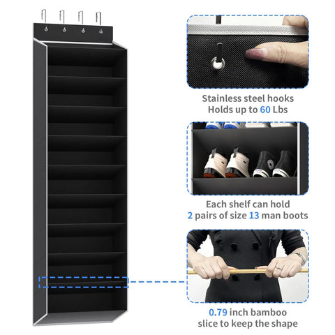 Black Over The Door Shoe Organizer Rack With Deep Pockets, 10 Tier Hanging Holder, showing stainless steel hooks, bamboo support, and shoe storage capacity.