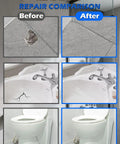 Color Match Porcelain Tile And Stone Crack Repair Kit For Ceramic Marble Granite And More Surfaces Fix Cracks Fast Like New With A Pro Grade All In One Kit For Kitchen Bathroom Balcony And More repair comparison showing before and after results on tile, sink, and toilet surfaces.