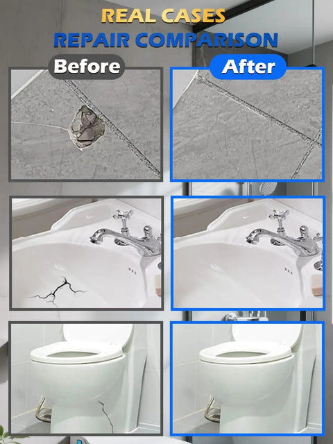 Color Match Porcelain Tile And Stone Crack Repair Kit For Ceramic Marble Granite And More Surfaces Fix Cracks Fast Like New With A Pro Grade All In One Kit For Kitchen Bathroom Balcony And More repair comparison showing before and after results on tile, sink, and toilet surfaces.