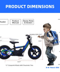 Kids Electric Dirt Bike For Ages 3 6, 170W Racing Grade Electric Motorcycle With Aluminum Frame, Dual Power Modes, 24V Detachable Battery, 12 Inch Knobby Tires, Off Road Mini Racer For Backyard Tracks side view with dimensions and child for scale