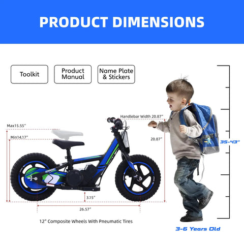 Kids Electric Dirt Bike For Ages 3 6, 170W Racing Grade Electric Motorcycle With Aluminum Frame, Dual Power Modes, 24V Detachable Battery, 12 Inch Knobby Tires, Off Road Mini Racer For Backyard Tracks side view with dimensions and child for scale