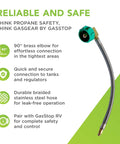 RV Propane Hose Extension 18 Inch Stainless Steel Braided Pigtail Hose With One Quarter Inch Inverted Flare And 90 Degree Angle Connector For Propane Regulator Single Pack shown with green connector and braided steel body.