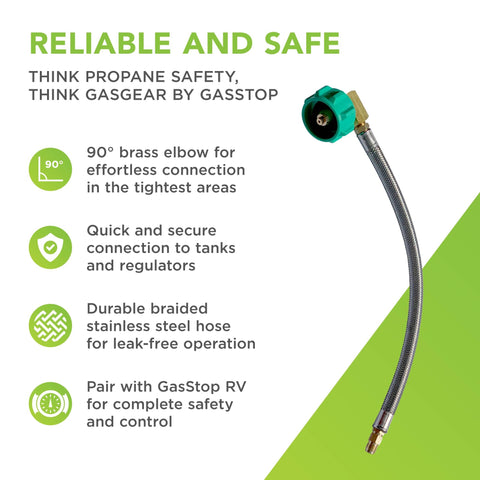 RV Propane Hose Extension 18 Inch Stainless Steel Braided Pigtail Hose With One Quarter Inch Inverted Flare And 90 Degree Angle Connector For Propane Regulator Single Pack shown with green connector and braided steel body.