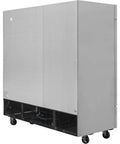 Top Shelf Three Door Commercial Reach In Freezer With Seventy Two Cubic Feet Of Storage Rock Solid Stainless Construction and Easy Rolling Casters viewed from the side.