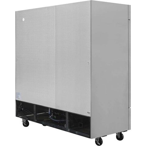 Top Shelf Three Door Commercial Reach In Freezer With Seventy Two Cubic Feet Of Storage Rock Solid Stainless Construction and Easy Rolling Casters viewed from the side.