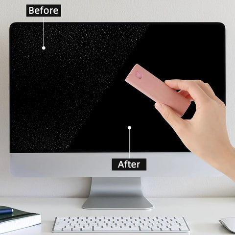 3 In 1 Screen Mist Cleaner Kit With Built In Spray And Microfiber Cloth used on a monitor screen, showcasing before and after cleaning effect.