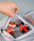 Killer Protective Clear Crossbody Tool Bag For Cleanroom Engineers Featuring Sick Storage And Secure Computer Carrying With Smooth Adjustable Straps That Are Zero Hassle showing tools inside a transparent pouch.