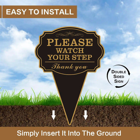 Double Sided Watch Your Step Yard Sign With Stake, 10x14 Rust-Free Metal Outdoor Safety Sign UV Printed For Walkways, Lawn, And Garden Paths